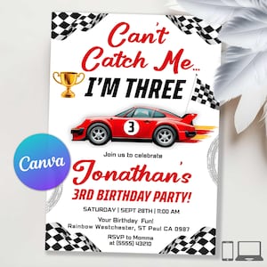 May include: A birthday party invitation with a red race car graphic and the text "Can't Catch Me... I'm Three." The invitation includes the name "Jonathan's" and party details. Checkered flags and a gold trophy are also featured.