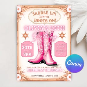 Hoedown Geburtstagseinladung, Jedes Alter Western Cowgirl Party einladen, Rosa Cowgirl Geburtstag einladen, Nashville Party, bearbeitbare Canva Vorlage