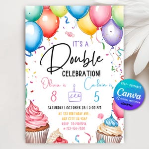 Join Party Birthday Invitation, Sibling Birthday Party, Double Birthday Invitation, Join  Birthday Party invite Editable Canva Template