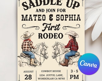 Junge Mädchen Geschwister Doppel-Geburtstagseinladung, Cowgirl Cowboy 1. Rodeo, Gemeinsame Geburtstagseinladung für Mädchen und Jungen, Bearbeitbare Canva-Vorlage