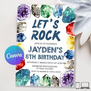 May include: A birthday party invitation with a white background, featuring colorful watercolor gemstone illustrations. The text "LET'S ROCK" and "JAYDEN'S 8TH BIRTHDAY" are prominently displayed. Includes event details and a Canva logo.