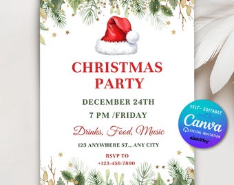 May include: A Christmas party invitation with a red Santa hat, green pine branches, and gold stars. The text reads "Christmas Party", "December 24th", "7 PM/Friday", "Drinks, Food, Music", "123 Anywhere St., Any City", and "RSVP to +123-456-7890".