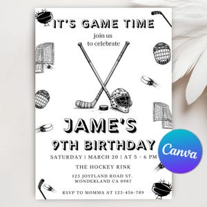 Faire-part d'anniversaire hockey sur glace, fête d'anniversaire de hockey pour enfants, patinage d'hiver recto-verso, modèle de toile d'invitation de patinage sur glace modifiable
