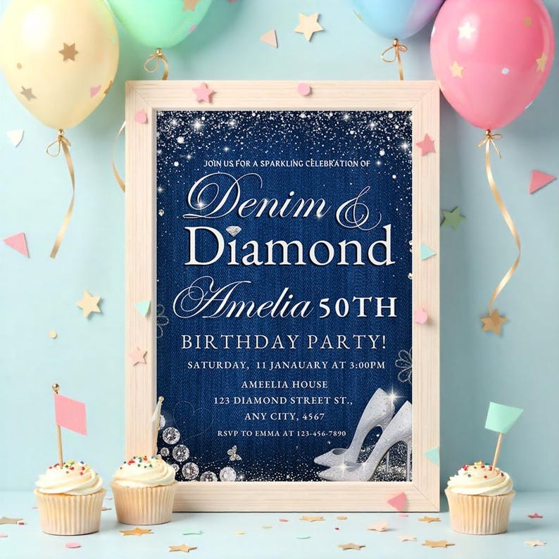 Invitation for women,denim and white,Navy Blue Birthday,Navy blue invitation,navy blue invite,surprise birthday,birthday Surprise,blue jeans invite,editable invitations,for her,diamond and denim,birthday invitation,Editable Invitation