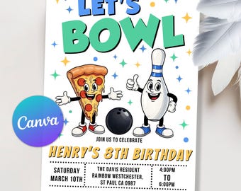 Boy Bowling Party Invitation, Retro Bowling Birthday Invitation, Strike Up Some Fun Boy Bowling Party Pizza Birthday Party, Editable Canva