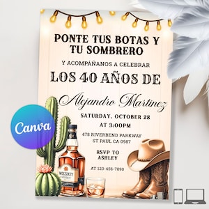 May include: An invitation with a rustic theme, featuring text in Spanish, a cowboy hat, boots, and a bottle of whiskey. The invitation is for Alejandro Martinez's 40th birthday, scheduled for October 28th at 3:00 PM.