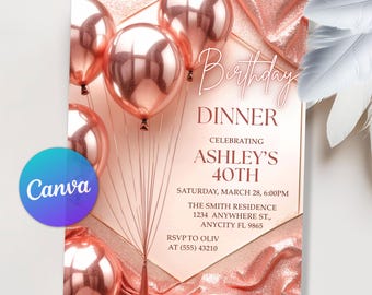 Rose Gold Birthday Dinner Party Invitation for Women 40th Birthday Invitation Women, Let's Party Invite, Rose Gold, Editable Canva Template