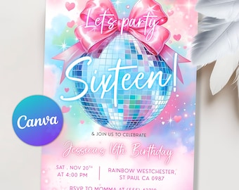 Coquette Bow Disco Party Invitation, Disco Party Invitation, Pink Party Invite Disco Ball Birthday, ANY AGE Disco Party, Editable Canva