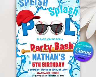 Baseball Pool Birthday Party Invitation, Summer Pool Party, Sport Birthday Party, Baseball Invitation, Canva Editable Invitation Template