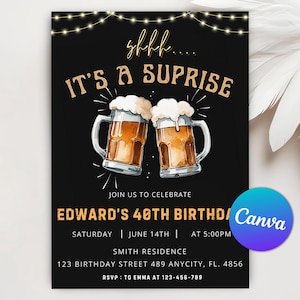 May include: Black and gold birthday party invitation with a watercolor illustration of two beer mugs clinking. The text reads "shhh... It's a surprise!" and "Edward's 40th Birthday".