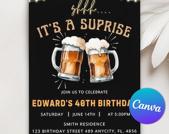 Beer Surprise Birthday Party Invitation, Editable Surprise Birthday Party, Adult Birthday Invite 30th 40th 50th, Printable Canva Template