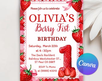 Berry 1st birthday invitation, Berry First Birthday Invitation, Strawberry First Birthday Girl 1st Birthday Party, Canva Editable Template