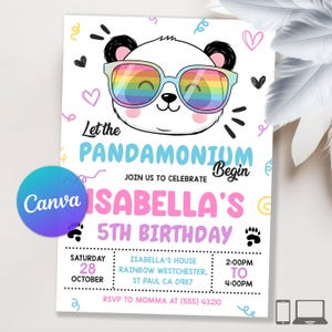 May include: A party invitation with a panda wearing rainbow sunglasses. The invitation reads "Let the Pandamonium Begin" and announces Isabella's 5th birthday. Details include the date, time, and location.