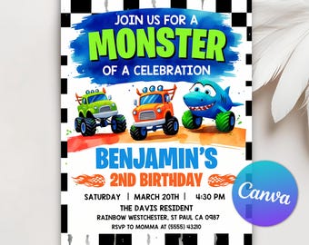 Monster Truck Birthday Invitation, Boom Crash, Monster Truck Bash, Monster Truck Bash, Boys Birthday Invite, Editable Canva Template