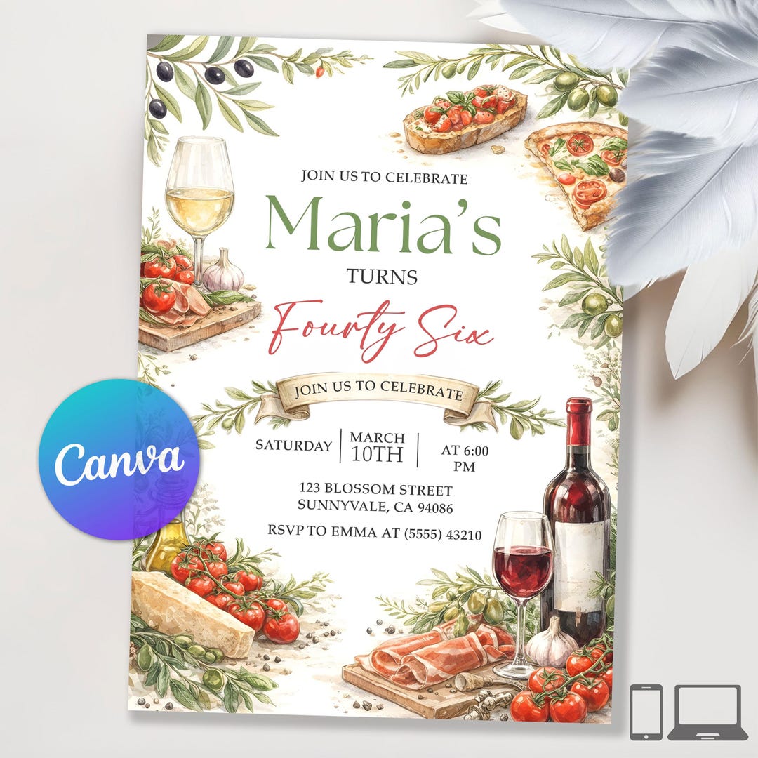 Italian Function Invitations Italy Birthday Party Invitation, Adult Birthday Italian Themed Party ...
