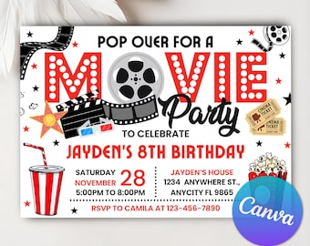 May include: A red and white movie themed birthday party invitation with a red and white striped cup, popcorn, and a movie reel. The invitation says "Pop Over For A Movie Party" to celebrate Jayden's 8th birthday. The party is on Saturday, November 28th from 5:00 PM to 8:00 PM at Jayden's house, 1234 Anywhere St., Anycity FL 9865. RSVP to Camila at 123-456-7890.