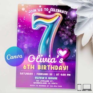 7th Birthday Invitation Girl Party Invite, Seventh Birthday Girl Invite, 7th Birthday Invitation Girl Invite, Rainbow Party, Editable Canva