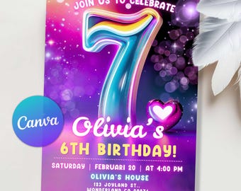 7th Birthday Invitation Girl Party Invite, Seventh Birthday Girl Invite, 7th Birthday Invitation Girl Invite, Rainbow Party, Editable Canva