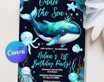 Oneder the Sea Birthday Invitation, Under The Sea Invitation, 1st Birthday Party, Ocean Animals Birthday Invite, Ocean Theme, Editable Canva