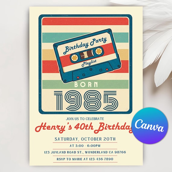 40th Birthday Invitation, Vintage 1985 Birth Year Party Invite