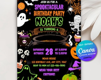 May include: A black Halloween-themed birthday party invitation featuring a large central cauldron, a ghost, a mummy, skulls, pumpkins, and bats. The text reads: JOIN US FOR A SPOOKTACULAR BIRTHDAY PARTY NOAH'S IS TURNING 6, SATURDAY OCTOBER 28 AT 3:00PM TO 5:00PM.