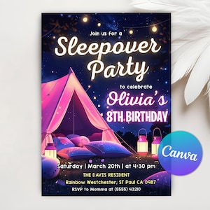 Sleepover Birthday Invitation for Girls Night Slumber Party Sleep Over, Pajamas Slumber Party, Movie Night Party Girl Pink, Editable Canva