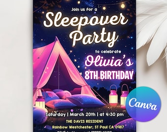 Sleepover Birthday Invitation for Girls Night Slumber Party Sleep Over, Pajamas Slumber Party, Movie Night Party Girl Pink, Editable Canva
