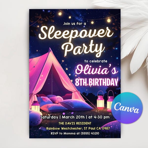 Invito per pigiama party di compleanno per ragazze, pigiama party in pigiama, serata al cinema per ragazze in rosa, modificabile su Canva