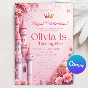 Faire-part d'anniversaire de princesse, invitation princesse fille château royal, modèle d'invitation d'anniversaire fille château de princesse modifiable Canva