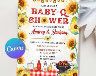 Baby-Q Babypartyeinladung, BBQ-Babypartyeinladung, Hinterhof-Babypartyeinladung, rustikale Babyparty, Baby-Grillparty, bearbeitbare Canva