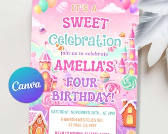 Sweets Candy Invitation, Sweets Birthday Invitation, Candyland Invitation, Sweet Celebration, Sweet Dessert Candy Ice Cream, Editable Canva