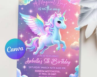 Unicorn Birthday Invitation, Rainbow Party Magical Party Invitation, Rainbow Unicorn Birthday Party, Sparkle Invitation Editable Canva