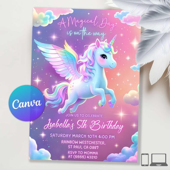 Unicorn Birthday Invitation, Rainbow Party Magical Party Invitation, Rainbow Unicorn Birthday Party, Sparkle Invitation Editable Canva