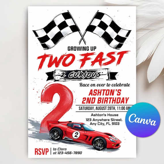 TWO Fast Birthday Invitation, Two Fast 2nd Birthday Boy, Two Fast Birthday Invite, Printable 2nd Birthday Invitation Editable Canva Template