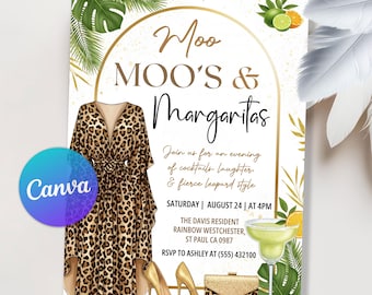 Moo Moos and Margaritas Invitation, Mumu & Margaritas Party Invite, Ladies Night Invitation, Leopard Pajama Girls Day Invite, Editable Canva