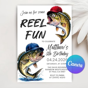 Fish Bass Birthday Invitation, Fishing Birthday Invitation, Fishing Party, Reel Fun Bass Birthday Party, Canva Editable Invitation