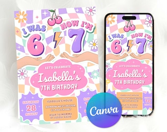 6 7 verjaardagsuitnodiging, 6-7 verjaardagsuitnodiging voor meisjes, Six Seven Birthday Party, 7e verjaardag meisje, retro thema, bewerkbaar canvas
