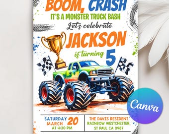 Monster Truck Birthday Invitation Boom, Crash, It's a Monster Bash, Monster Jam Birthday Invite, Boy Birthday Party, Editable Canva Template