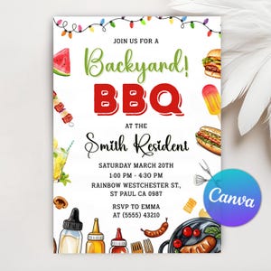May include: A white invitation card for a Backyard BBQ, featuring green and red text. The design includes illustrations of barbecue food and string lights. The event details are displayed, and the Canva logo is visible in the corner.
