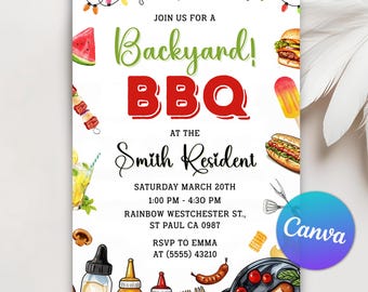 Bbq Birthday Invitation, BBQ Digital Invitation, BBQ Invitation, Barbecue Grill Invitation Backyard Party, Canva Editable Temaplate