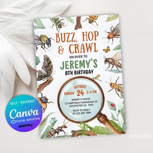 Może przedstawiać: Kolorowe zaproszenie na przyjęcie urodzinowe dla dziecka w wieku 8 lat z motywem owadów. Zaproszenie zawiera lupę z tekstem "Buzz, Hop & Crawl" i "Jeremy's 8th Birthday". Zaproszenie zawiera również datę, godzinę i miejsce przyjęcia.