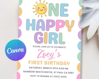 One Happy Girl Birthday Invitation, Girl 1st Birthday Invitation, Girl First Birthday Invite, Sun Invitation Sunshine, Editable Canva