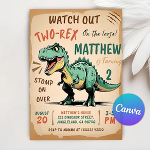 Dinosaur 2nd Birthday Invitation, Two Rex Birthday Party, Dinosaur Birthday Invite, Boy Second Bday Party, Editable Canva Template