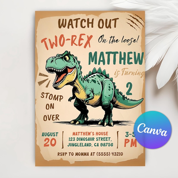 Invitación de segundo cumpleaños de dinosaurio, fiesta de dos Rex, invitación de cumpleaños de dinosaurio, fiesta de segundo cumpleaños de niño, plantilla editable de Canva
