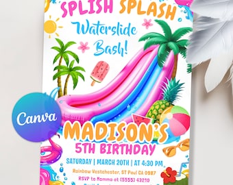 Waterglijbaan verjaardagsuitnodiging, waterglijbaan uitnodiging, Splish Splash verjaardagsuitnodiging, uitnodiging meisje Splash-feestje, bewerkbaar canvas