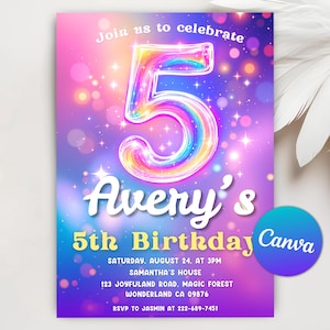 Invito rosa per il 5° compleanno, festa di compleanno glitterata, invito per bambina in lamina arcobaleno per il quinto compleanno, invito modificabile per bambina per il 5° compleanno su Canva