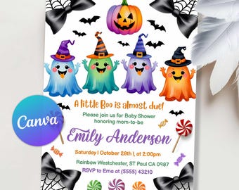 A Little Boo is Almost Due Baby Shower Invitation, Halloween Baby Shower Invite, Cute Ghost Baby Shower Little Boo Invitation Editable Canva