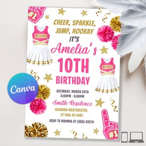May include: A pink and white birthday invitation with the text "Cheer, Sparkle, Jump, Hooray! It's Amelia's 10th Birthday." The invitation includes illustrations of a cheerleader uniform, pom-poms, stars, and a foam finger. The Canva logo is visible.