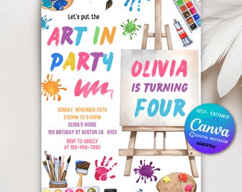 May include: A colorful art party invitation for a child turning four. The invitation features a paint-splattered easel with a canvas that says "Olivia is turning four". The invitation also includes paintbrushes, paint tubes, and a palette.