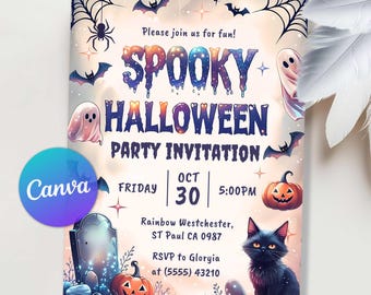 May include: A Halloween party invitation with a spooky theme. The design features bats, ghosts, and a black cat. The text reads "Spooky Halloween Party Invitation" with the date, time, and location.
